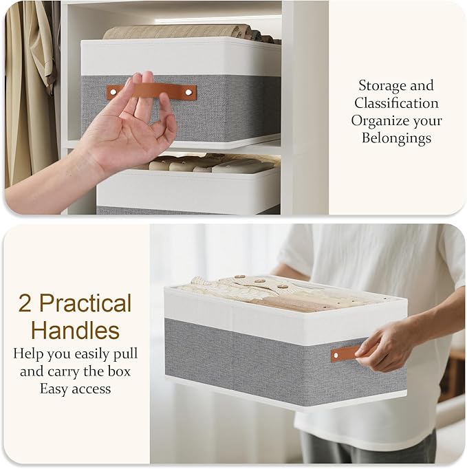 Storage Basket for Shelves, Closet Bin with Handles, 18.5×11×7.9inch Open Foldable Baskets, Fabric Containers Clothes Boxes for Organizing, White and Grey, 6-Pack
