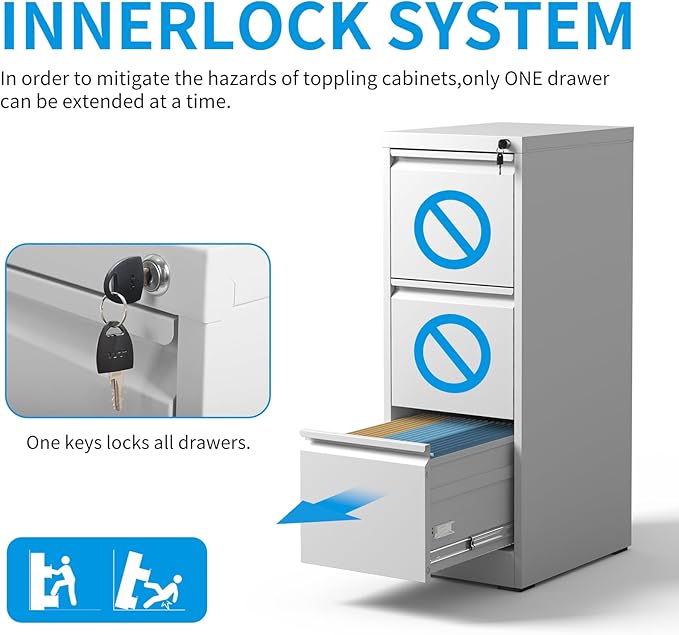 3 Drawer File Cabinet, Metal Vertical Filing Cabinet for Home Office, Locking Steel Easy Assemble 18" D File Cabinets for Legal/Letter/A4/F4 (White)