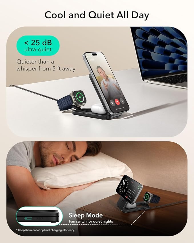 ESR 3 in 1 Charging Station for Apple, Qi2.2 25W MagSafe Charger with CryoBoost, Phone-Cooling Wireless Charging Station Foldable, for iPhone 17/16 with iOS 26(50W Adapter), AirPods, Apple Watch,Black