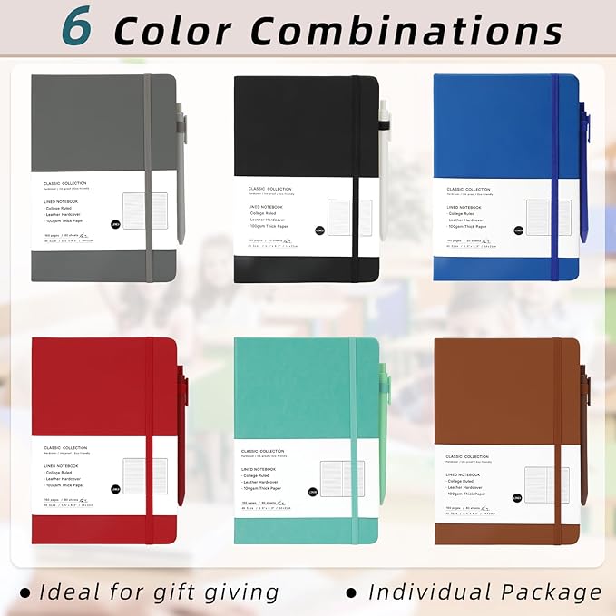 Coopay 12 Pack A5 Journal Notebook with 12 Pens Bulk Classic Ruled Hardcover Leather Journal Set with Pen Holder for Men Women Writing, Office, Home, School, College, Business, 8.3” x 5.5” (6 Colors)
