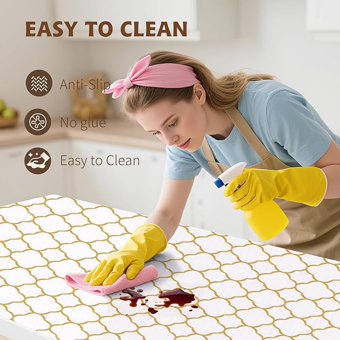 Shelf Liners for Kitchen Cabinets 23in x 30FT Non Adhesive Drawer Liner Gold Quatrefoil Thickened Shelf Liner Paper Strong Non-Slip Easy to Clean for Tool Box Refrigerator with Knife and Tape Measure