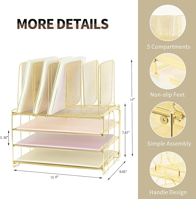 Desk Organizers and Accessories, 3-Tier Paper Organizer with 5 Vertical File Holders, File Organizer for Desk, Desk Accessories & Workspace Organizers (Gold, 3T)