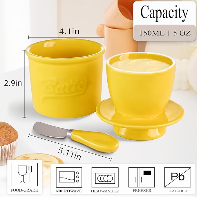 Ceramic Butter Crock with Lid & Spreader Knife, Butter Keeper - Ideal Butter Storage & Countertop Butter Dish, Yellow