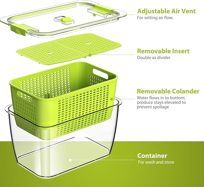 LUXEAR Fresh Container, 3PACK Produce Saver Container BPA Free Fridge Organizer for Vegetable Fruit and Salad Partitioned Food Storage Container with Vents Stay Fresh Containers Not Dishwashers Safe