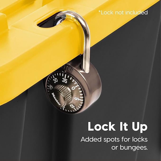 IRIS USA 12 Gallon Heavy Duty Truck Bed Toolbox Storage Tote Bins with Lids, 4 Pack - Made in USA, Tough Snap On Lockable Lid Stackable Industrial Rugged Tubs, Garage Organization Box - Black/Yellow