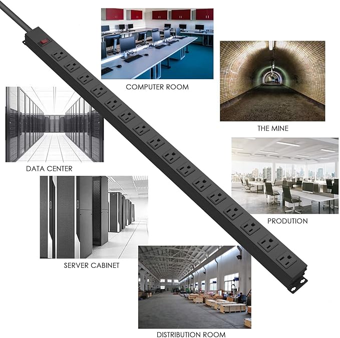 HHSOET Metal Wall Mount Power Strip, Mountable Power Outlet, Aluminum Alloy Mount Power Socket with Switch, 10 FT SJT 3/C 14AWG Power Cord, 15A 125V 1875W (16 Outlet) Black