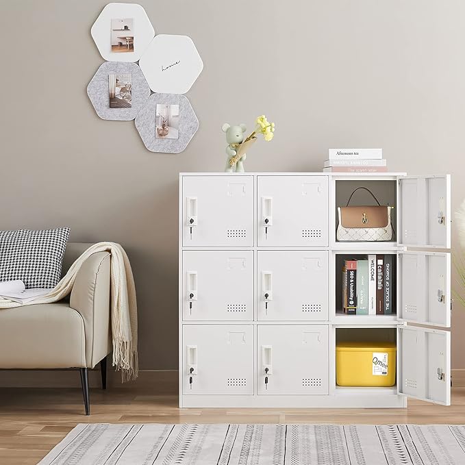 Metal Locker 9 Door Storage Cabinet, Steel Office Storage Lockers for Employees, Lockable Metal Cabinet with Lock and Ventilation, Office School Gym Garage Storage Organizer