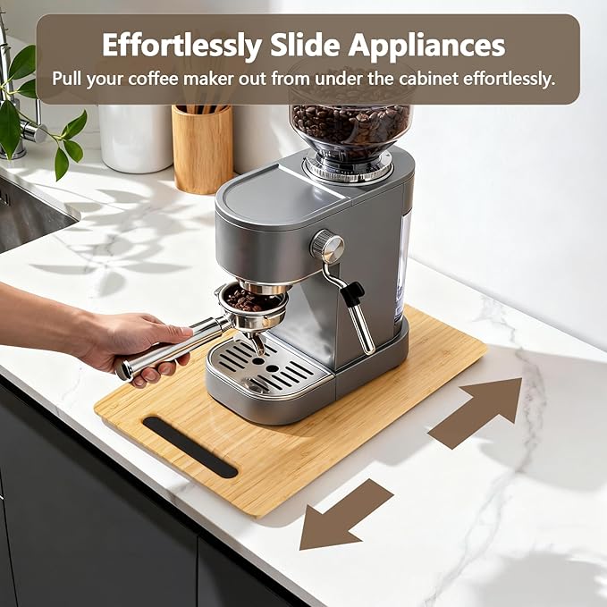 Fullin 360°Appliance Slider, Bamboo Sliding Tray for Coffee Maker, Appliance Sliding for Kitchen Appliances Countertop Slides Easily from Under The Cabinet Rolling Tray with 360°Rotation Rubber Wheels