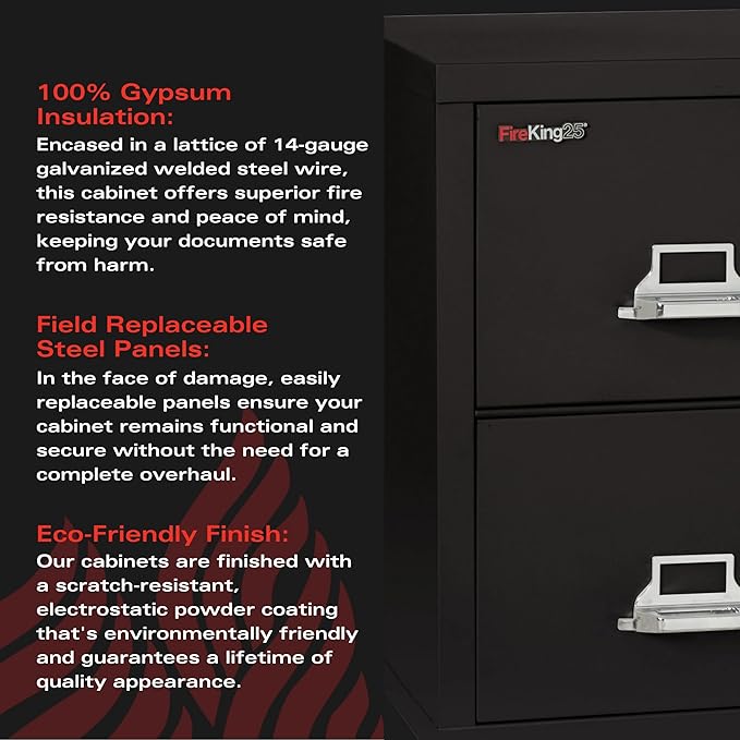 FireKing Vertical 2 Drawer Letter Fire Safe File Cabinet with Key Lock, 1 Hour Fire Rated, UL Rated & Water Resistant Home Safe, Made in The USA, Black