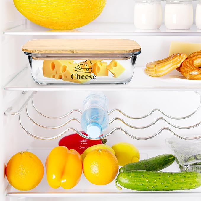 Cheese Container for Refrigerator,Glass cheese slice holder with Wooden Lid&Cheeses Cutter,Lunch Deli Meat Containers for Fridge,BPA-Free Shredded Cream Block Cheeses Storage Box keeper
