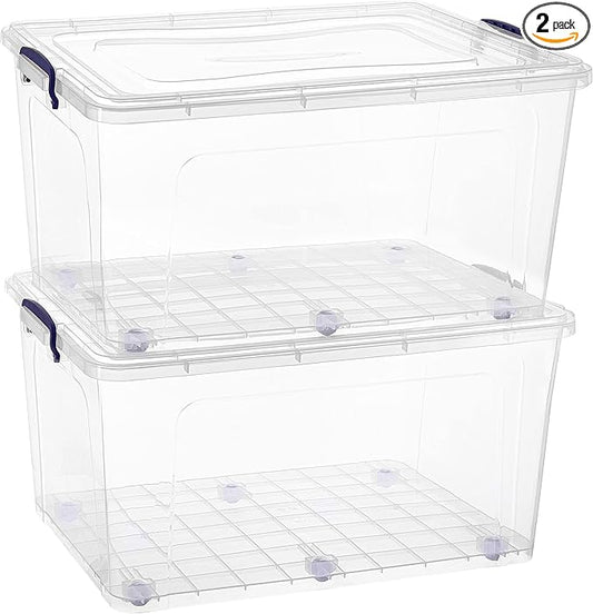 Superio Clear Storage Boxes with Wheels (2 Pack), 85 Qt Heavy Duty Containers with Lids, Stackable Rolling Bins for Home, Garage, Closet Organization- Linen, Tools, Clothing, Supplies