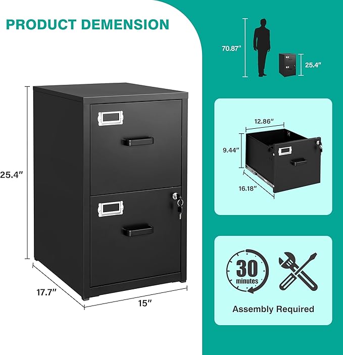 SISESOL 2 Drawer File Cabinet with Lock,Narrow Vertical Filing Cabinet,Under Desk File Cabinets,Black Metal File Cabinets for Home Office,Fit Letter/A4/Legal Size File,Easy Assembly