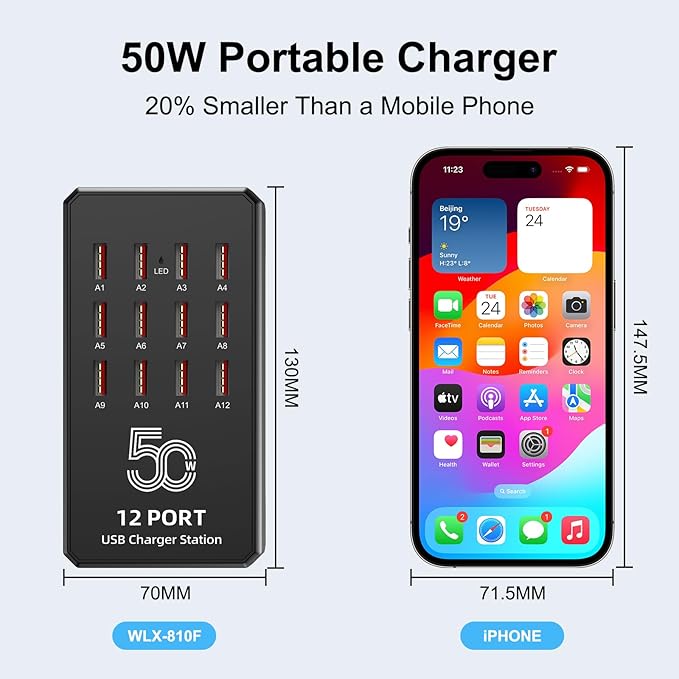 50W 12-Port USB Charging Station for Multiple Devices-Portable USB Charging Hub Compatible with iPhone, Android, Tablet, AirPods & More-Compact Charger Block for Home, Office & Travel.