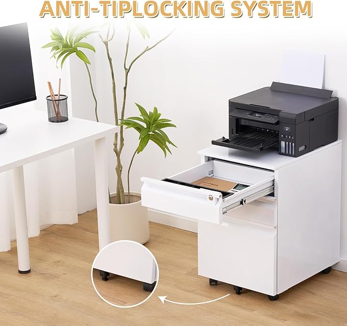 Garvee Mobile Filing Cabinet 3 Drawer,Under Desk File Cabinet with Lock & Anti-Tip Wheel, Metal Rolling Filing Cabinets for Home Office Organizer,a4/Letter/Legal Hanging File Folders