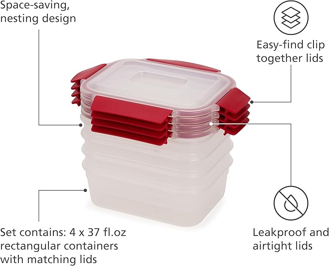 Joseph Joseph Nest Lock 8-piece Plastic BPA Free Food Storage Container Set with Lockable Airtight Leakproof Lids - Red