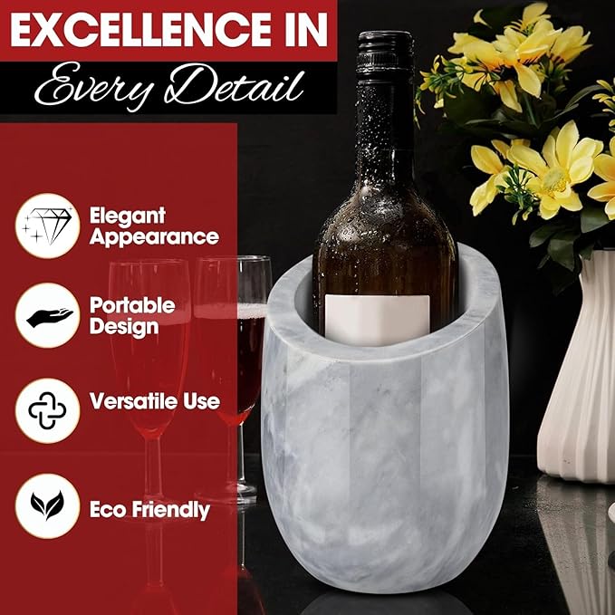 Flexzion Marble Wine Chiller Bucket – White Wine Cooler & Champagne Bucket for Bar Cart Decor, Kitchen & Parties – Gifts for Men, Women & Enthusiasts – Fits 750ml Bottles