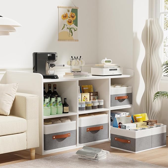 Storage Boxes, 16.1 × 9.8 × 6.5 Inch Storage Baskets with Handles, Fabric Cube Organizer Bins for Shelves Bedroom Laundry, White and Grey, 4-Pack