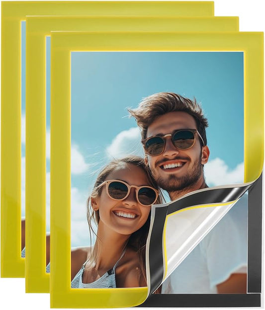 uxcell 3 Pcs Magnetic Sign Holder, 5" x 7" Self-Adhesive Magnetic Wall Signs Holder Magnetic Picture Frame Document Holder for Home Office Wall Window Displays, Yellow