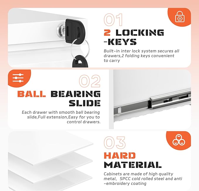 INTERGREAT Mobile File Cabinet with Lock,Under Desk Metal Filing Cabinet for Home Office, White 2 Drawer File Cabinets with Wheels for Legal/Letter/A4 File