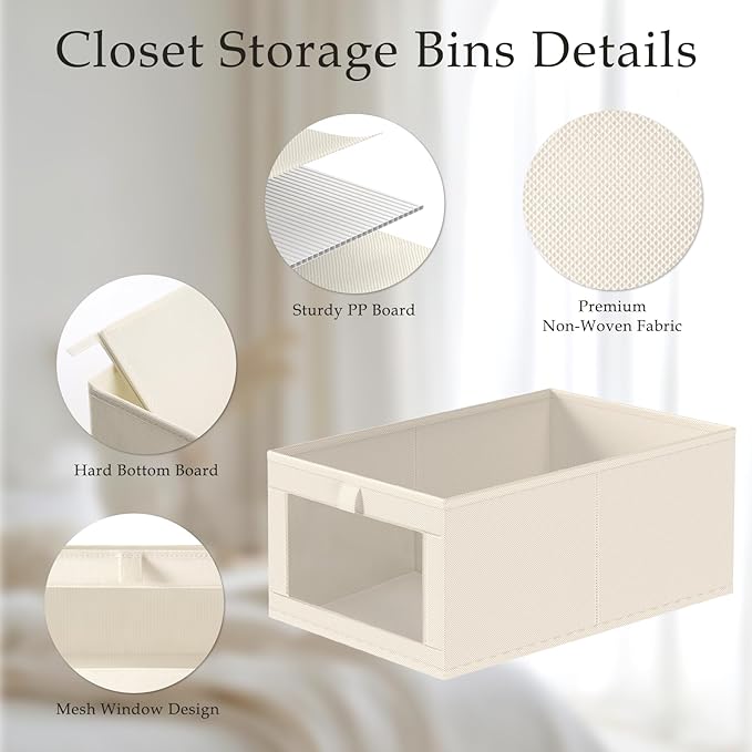 Criusia 6 Pack Linen Closet Organizers and Storage, Large Linen Closet Baskets for Organization, Foldable Storage Containers for Clothing, Towels, Toys, Jeans, Books, Shelves, Beige