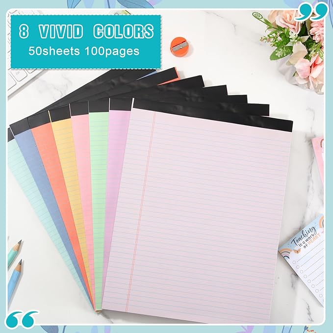 Fuutreo 8 Pcs 8.5'' x 11'' Colored Legal Pad Writing Pads Narrow Ruled 50 Sheets Per Notepad Perforated Writing Notepad Office Supplies for College Office Business (Candy Color)