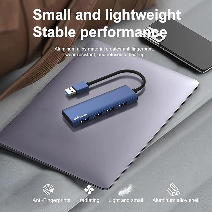 USB Hub, USB 3.0 Hub Aluminum Alloy Ultra Slim USB Splitter, Portable 4 Port USB Extender, USB Hub for Laptop, PC, MacBook, iMac, Surface Pro, Mac Pro, Flash Drive, XPS 【Blue】