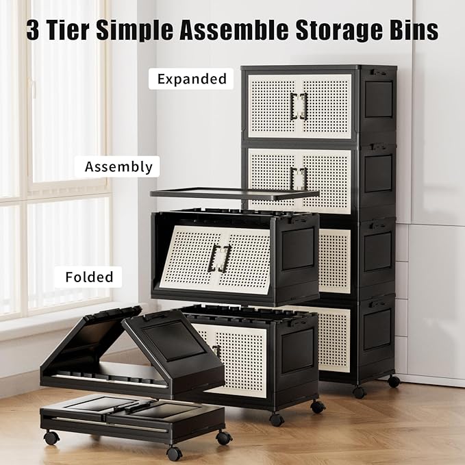 Stackable Storage Bins with Lids,Collapsible Plastic Storage Box Closet Organizers and Storage with Wheels and Magnetic Door for Home Office Dorm (4 Pack)