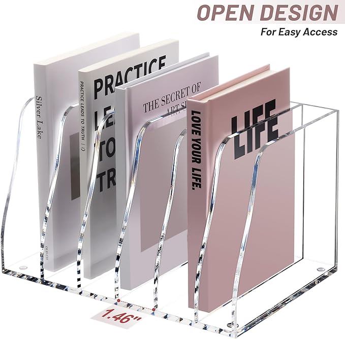 SANRUI Acrylic File Organizer, Compact Desk Organizer for Folders, Binders, Notebooks, Envelopes, Vertical Binder Storage Organizer, 6 Section Bookshelf for School Home Office Organization