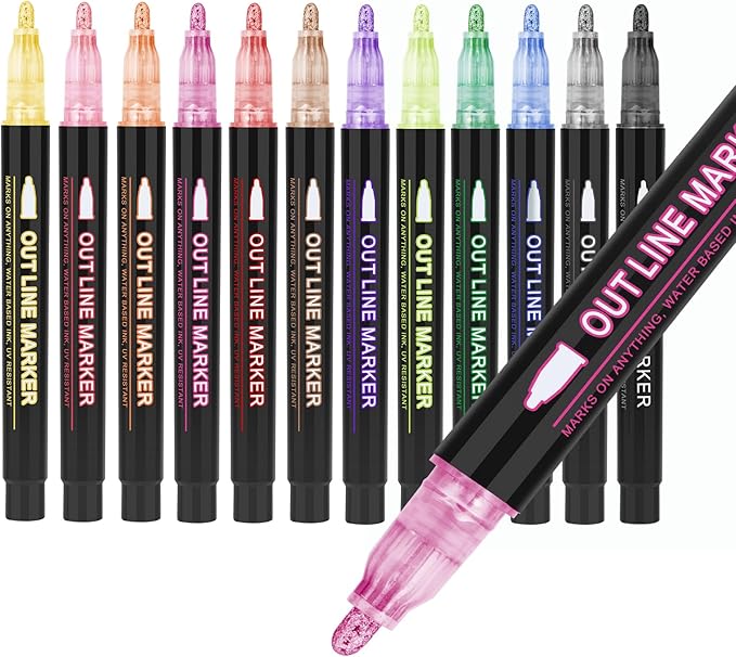 Outline Markers, 12 Pcs Glitter Silver Pens,Self-Outline Metallic Markers,Shimmer Pens,Tween Teen Girl Gifts Trendy Stuff 4-16 Year Old,Art Supplies for Kids 9-12