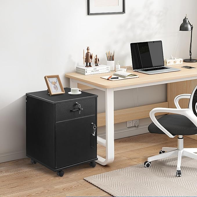 File Cabinet with Lock and Drawer, Mobile Under Desk Storage Cabinet with 360° Swivel Wheels, Wooden Filing Cabinet File Organizer for Legal/Letter/A4 Documents, Home Office Filing Cart (Black)