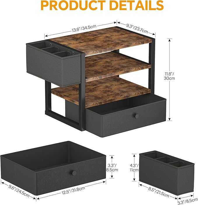 Desk Organizers and Accessories, 4-Tier Paper Letter Tray File Organizer with Fabric Drawer & 3 Pen Holder, Office Desk Accessories Workspace Desktop Organizer for Office Supplies, Rustic Brown