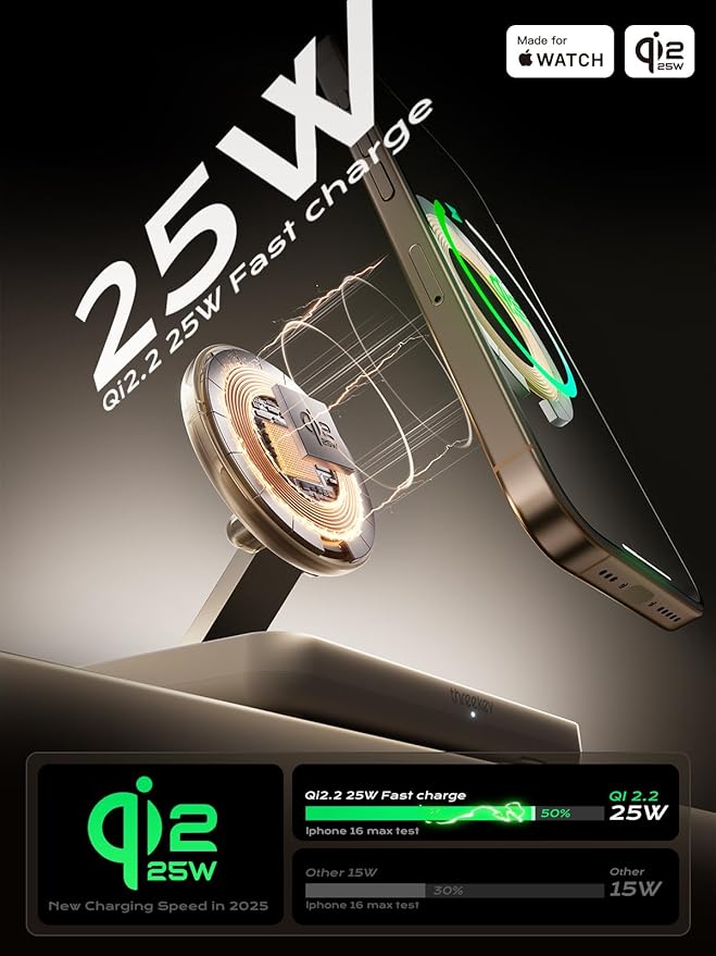 THREEKEY 3 in 1 iPhone 17 Charging Station,MagSafe Charger Compatible, Qi2 25W MFi Certified Wireless Charger Stand for iPhone 17/16/15/14/13/12, Apple Watch, AirPods(45W Adapter Included)