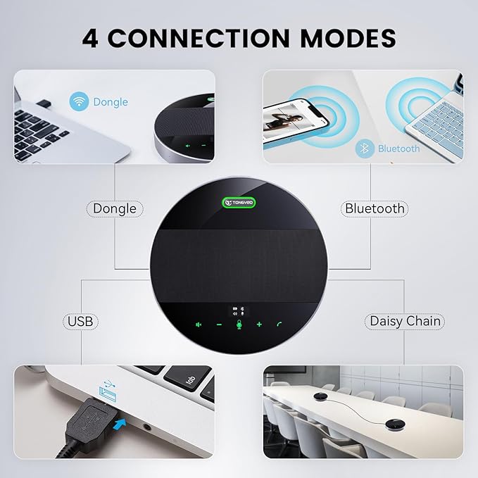 2-in-1 Conference Speaker and Microphone, Daisy Chain Wireless Bluetooth Speakerphone with 360° omnidirectional mics USB/Dongle/Bluetooth Connection 18H Talk Time for 15-30 People Meeting