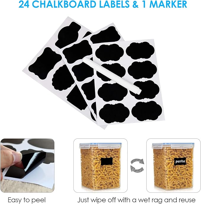 Vtopmart Large Food Storage Containers 5.2L / 175oz, 4 Pieces BPA Free Plastic Airtight Canisters for Flour, Sugar, Baking Supplies, Rice with Lids, 4 Measuring Cups and 24 Labels, Blue