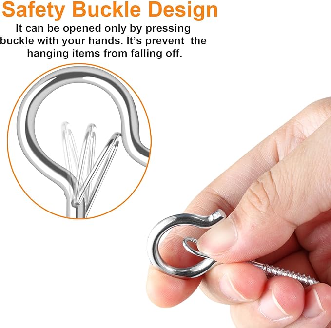 12 PCS Q-Hanger Hooks, Screw Hooks for Outdoor String Lights, Safety Buckle Design Cup Eye Hook for Hanging Christmas Lights, Plants, Wind Chimes, Mounted on Wall Ceiling, Windproof, Silver