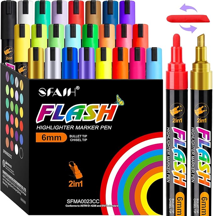SFAIH 24 Vibrant Chalk Markers for Blackboard [1s Wet Wipe] - No Residue, 4.5-6mm Liquid Chalk Markers for School Sign Board, Calendar, Car Window, Glass, Non-Toxic, Zero Dust, With Highlighter Marker