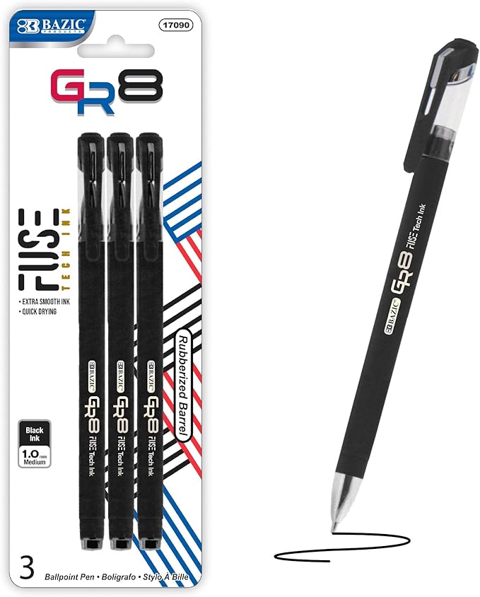 BAZIC Oil Gel Fuse Tech Ink Pen, GR8 Black Color w/Rubberized Barrel, 0.7 mm Medium Point Smooth Writing, for Office School (3/Pack), 24-Pack