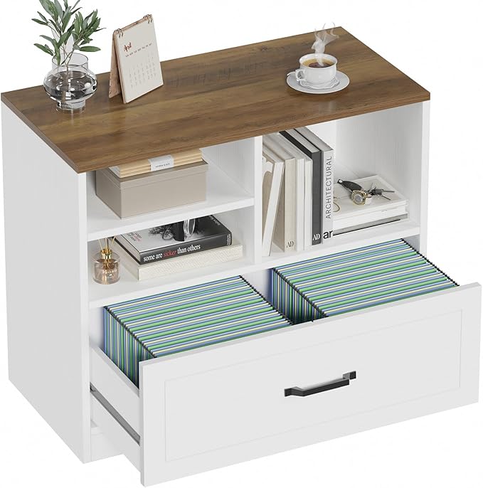 LVB Lateral File Cabinets for Home Office, Wood Filing Cabinet Drawers for Letter/Legal/A4/F4 Size, Farmhouse Storage File Cabinet Printer Stand with Open Shelf, 32.7 Inch, White and Rustic Oak