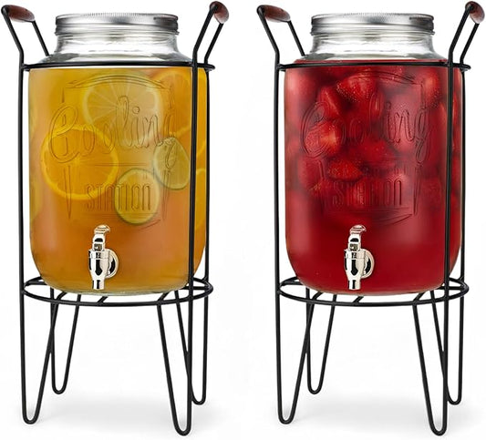 2 PACK-2 GALLON Drink Dispensers for Parties, Cooling Station Beverage Dispensers with Stand, Glass Water Jug Dispenser, 100% Leakproof Spigot Perfect For And Daily Use