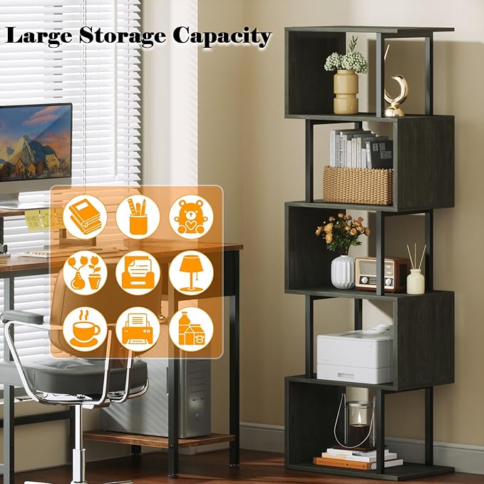 Furologee 6 Tier Bookshelf Tall Geometric Bookcase, S Shaped Industrial Display Standing Shelf, Metal and Wood Decorative Storage Room Divider Rack for Bedroom, Living Room, Office, Light Black Oak