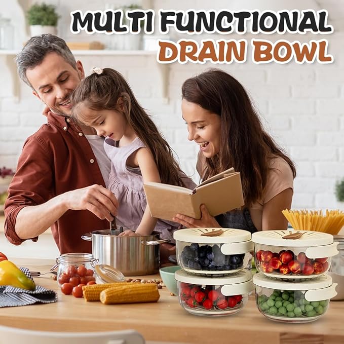 Multi-Functional Fruit and Vegetable Washing Bowl, Fruit Strainer Container with Lid, 2 In 1 Sealed Drainer Basket, Drainer and Freshness Basket, Kitchen Tool with Foldable Handle (White)