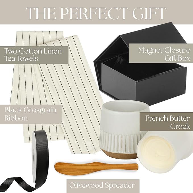 French Butter Crock Gift Set –Housewarming Gift, Gift for Foodie, Holiday Gift, Corporate Gift, Gift for Kitchen |Ceramic Butter Keeper Gift Set with Tea Towels & Olivewood Spreader in Gift Box