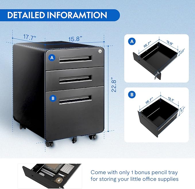 FLEXISPOT Metal File Cabinet for Home Office Mobile File Cabinet with Lock 3 Drawer Filing Cabinets for Legal/Letter/A4 File, Round Corner Design,Black
