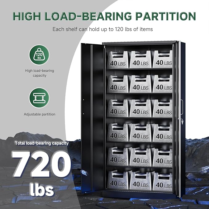 Letaya Metal Storage Cabinets with Lock Doors,Tall Locker Organizer Steel Garage Cabinets, 5 Adjustable Layers Shelves for Home, Office, Warehouse,Tool,Industrial(Black)