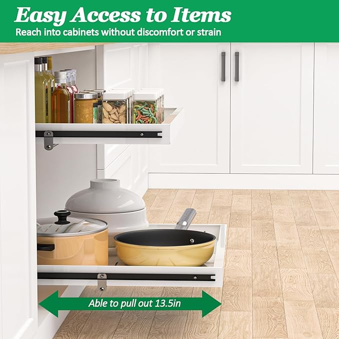 REALINN 2 Tier Pull Out Cabinet Organizer, 21 inch Depth Slide Out Shelves, Expandable 14"-22.5" Wide Heavy-Duty Cabinet Drawers for Kitchen Pots, Pans & Pantry Storage, White