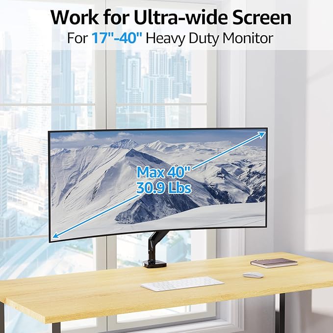 MOUNTUP Ultrawide Monitor Arm for Max 40 Inch Screen, Heavy Duty Monitor Desk Mount Support 6.6-30.9lbs, Gas Spring Computer Monitors Stand for Desk, VESA Mount with Clamp & Grommet Base