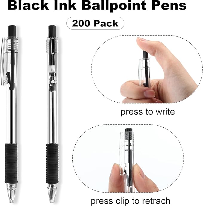 200 Pack Black Gel Ink Pens Bulk, 1.0mm Retractable Click Point Ballpoint Pens Smooth Writing with Comfortable Grip for Back to School Office Classroom Business Home Work Supplies
