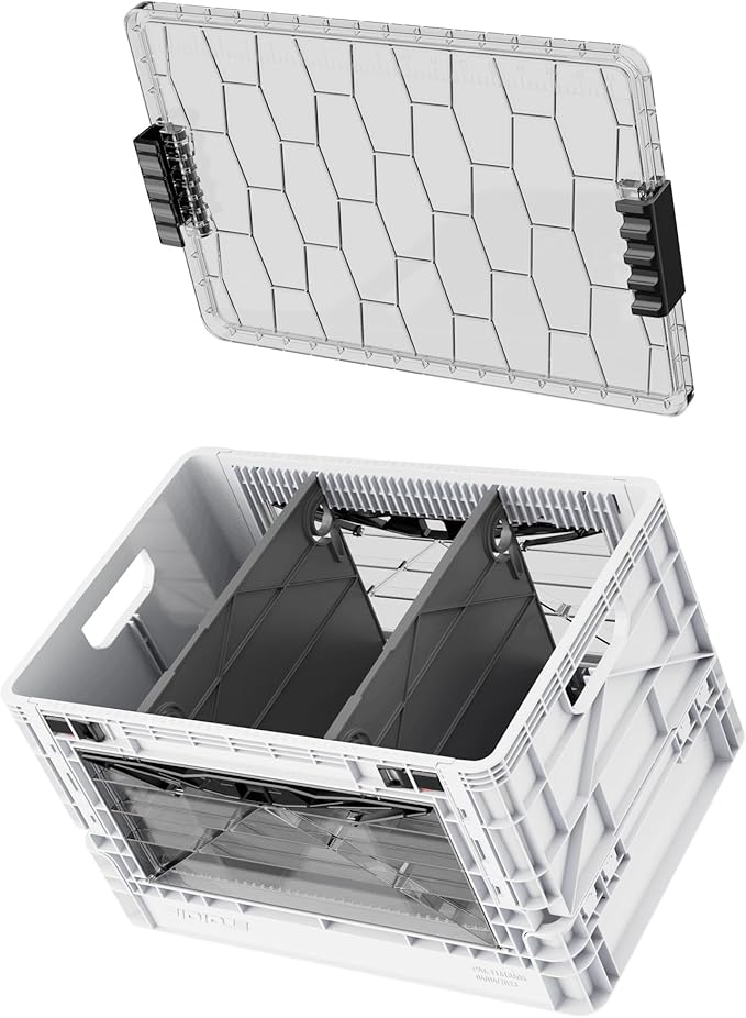 Full-Size Collapsible Crate - Heavy Duty Stackable Storage Bin with Lid & 2 Short-Ways Dividers, Durable Plastic Organizer for Home, Office, Garage & Outdoor Use (White)