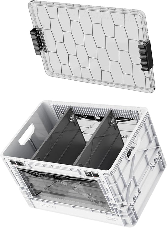 Full-Size Collapsible Crate - Heavy Duty Stackable Storage Bin with Lid & 2 Short-Ways Dividers, Durable Plastic Organizer for Home, Office, Garage & Outdoor Use (White)