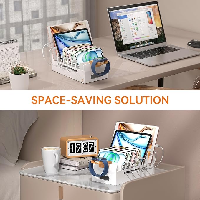 Pezin & Hulin Bamboo Charging Station with Watch Stand, Docking Holder for Multi Device with 5 Charge Cables, Desktop Dock Stations Electronic Organizer for Cellphone, Tablet, Watch-White